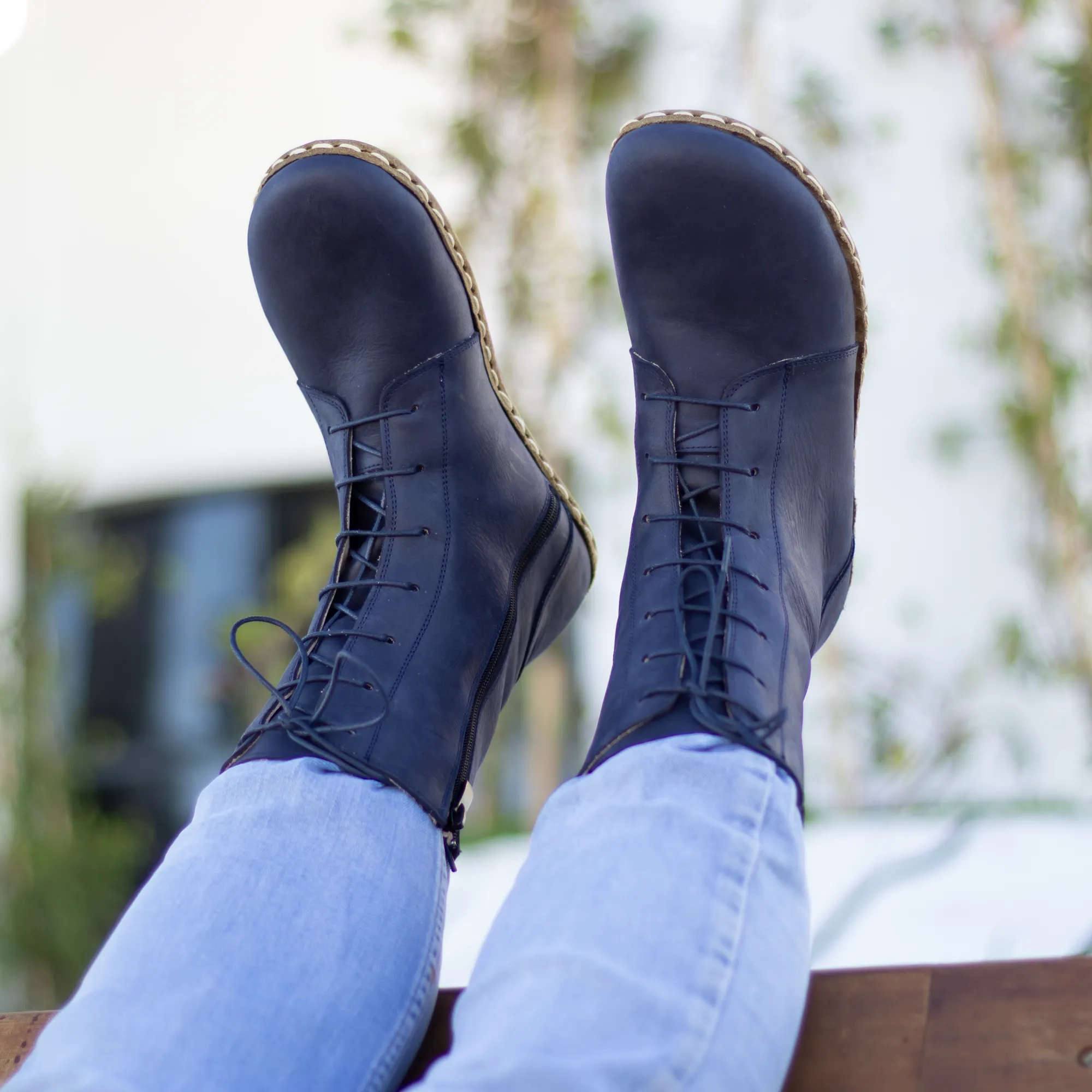 Barefoot Grounding Effect Navy Blue Leather Boots For Men
