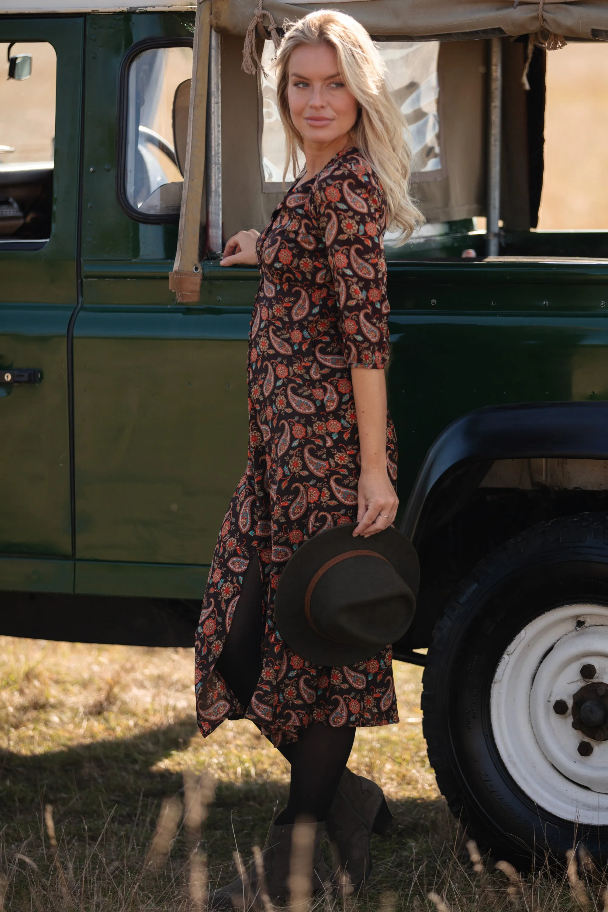 Belgravia Midi Dress in Chocolate Paisley