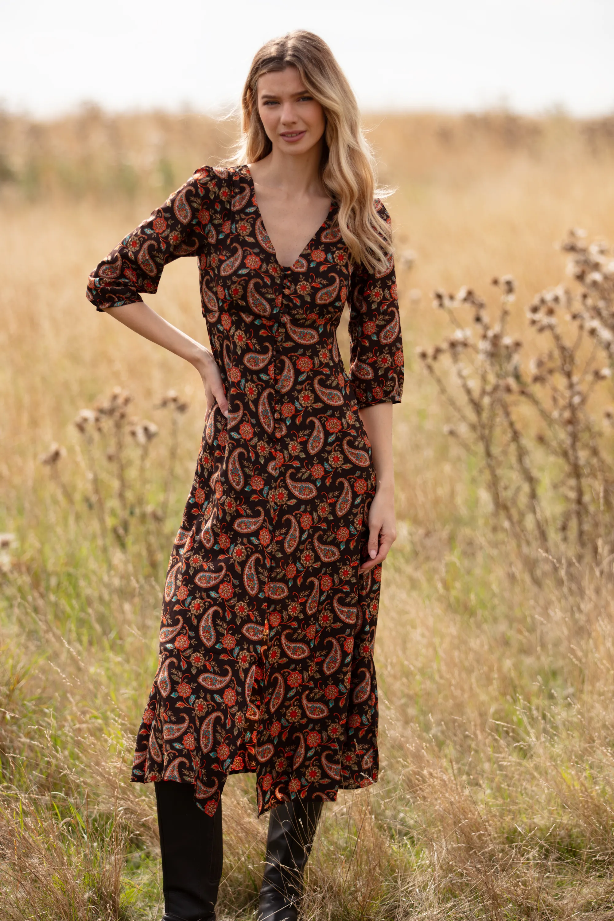 Belgravia Midi Dress in Chocolate Paisley