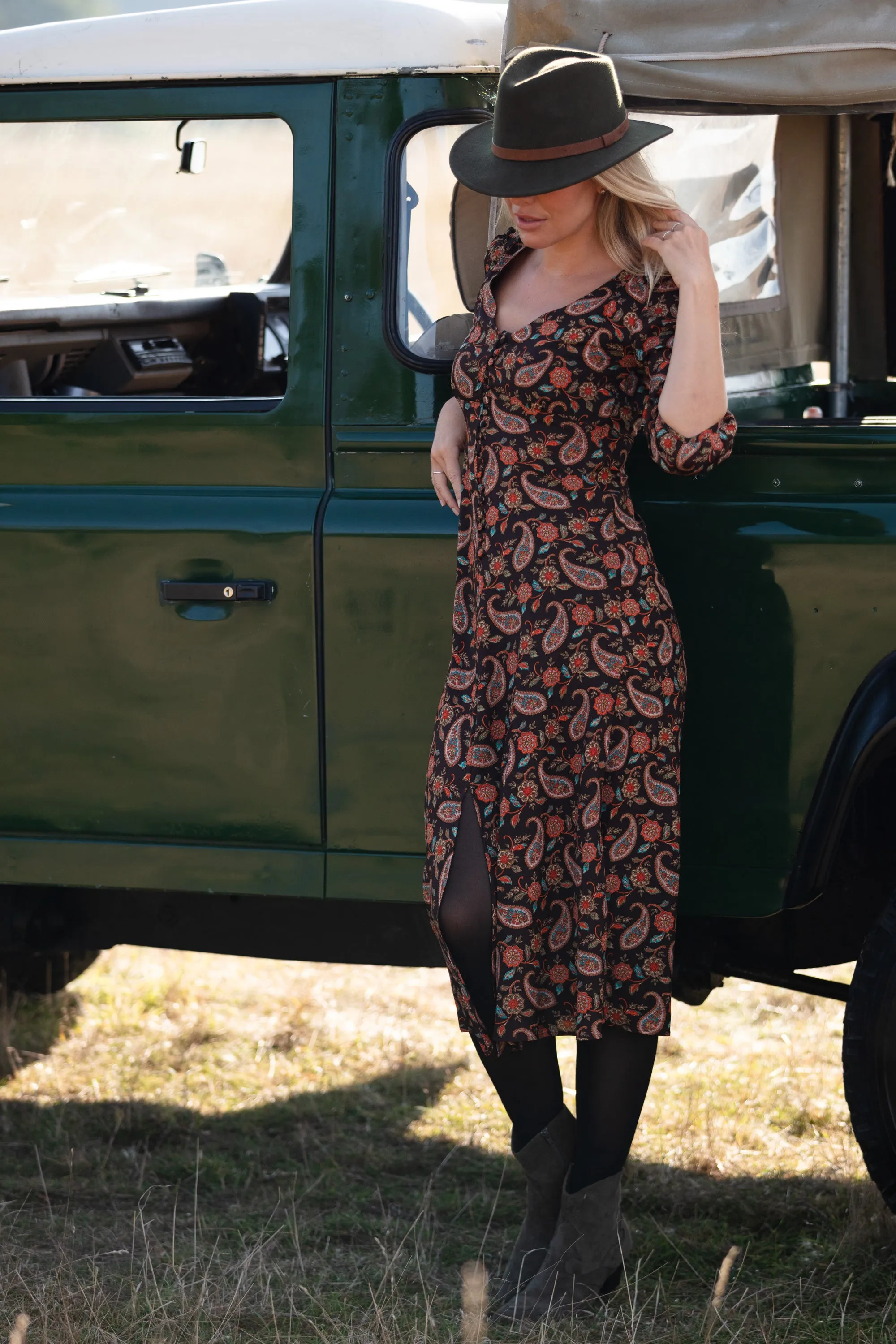Belgravia Midi Dress in Chocolate Paisley