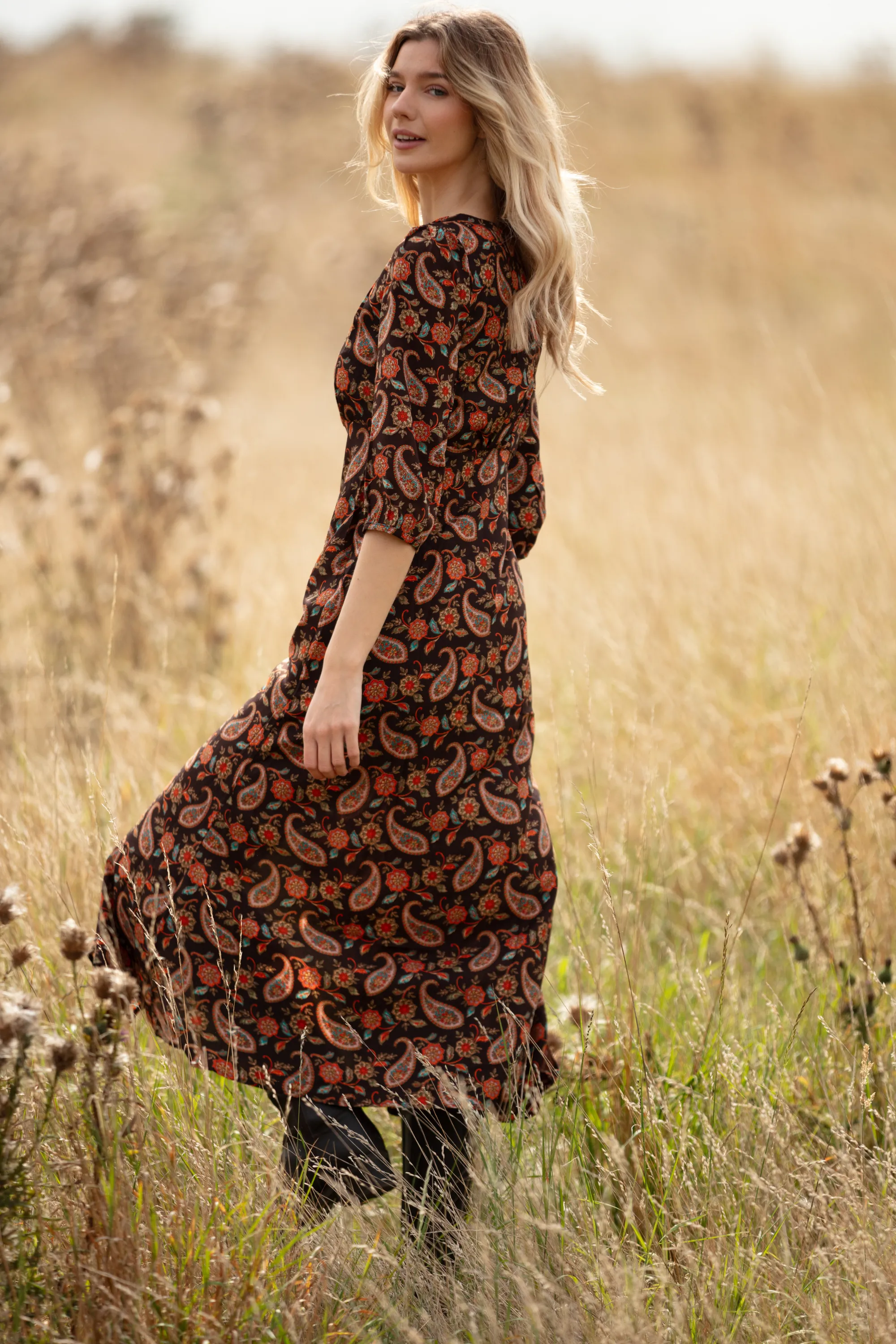 Belgravia Midi Dress in Chocolate Paisley
