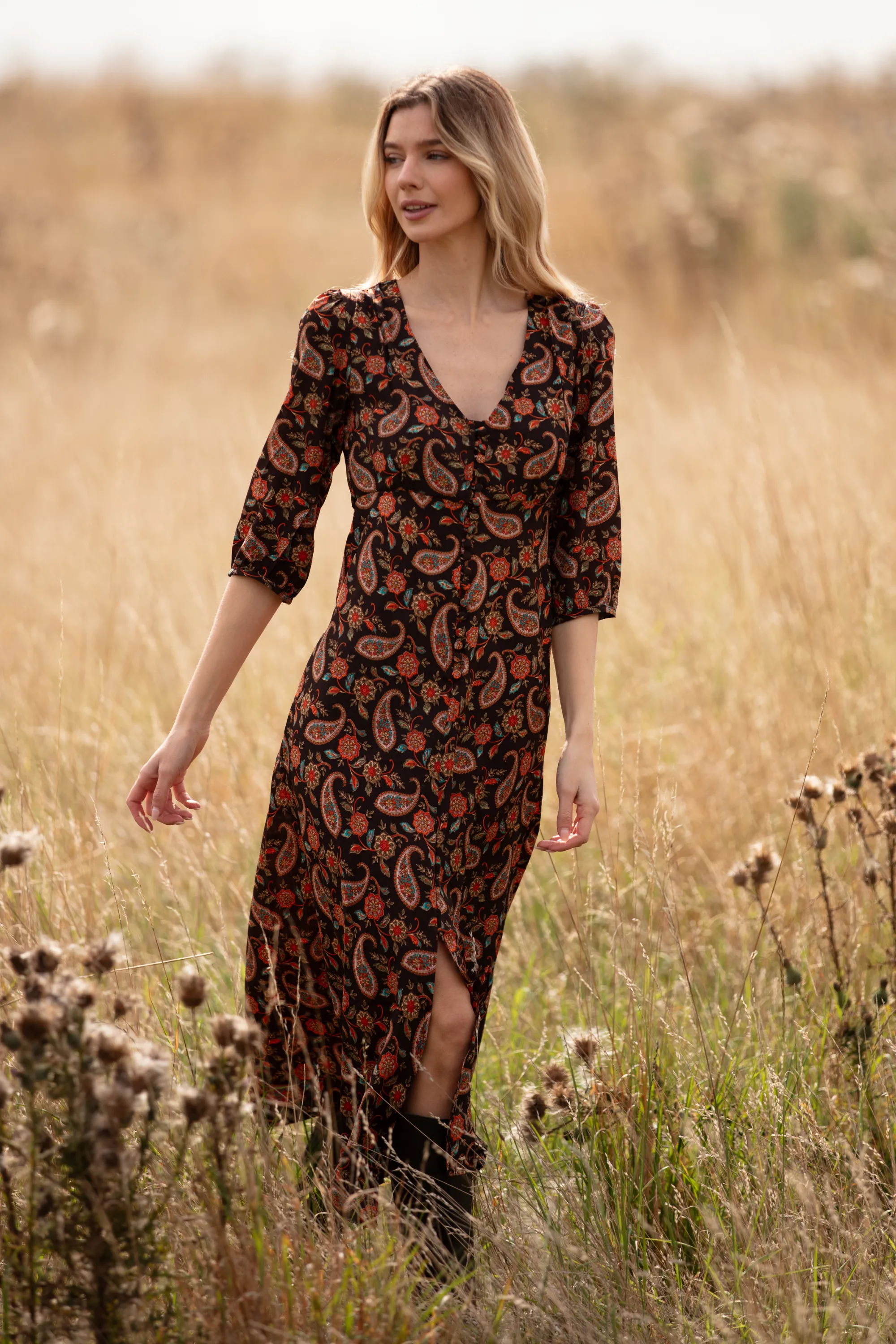 Belgravia Midi Dress in Chocolate Paisley