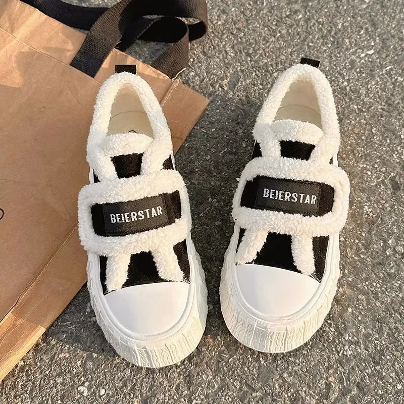 binfenxie  -  Winter Women Breathable Warm Sneakers White Wool Shoes Thick Heel Plaid Sneakers Casual Running Platform Y2K Lolita Shell Shoes
