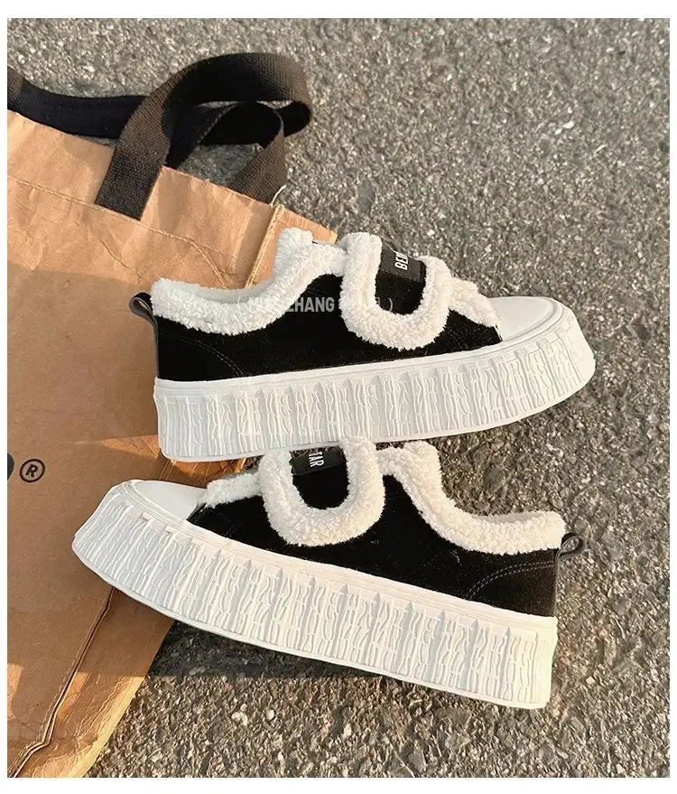 binfenxie  -  Winter Women Breathable Warm Sneakers White Wool Shoes Thick Heel Plaid Sneakers Casual Running Platform Y2K Lolita Shell Shoes