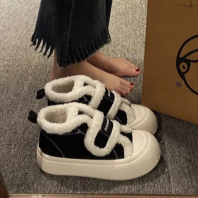 binfenxie  -  Winter Women Breathable Warm Sneakers White Wool Shoes Thick Heel Plaid Sneakers Casual Running Platform Y2K Lolita Shell Shoes