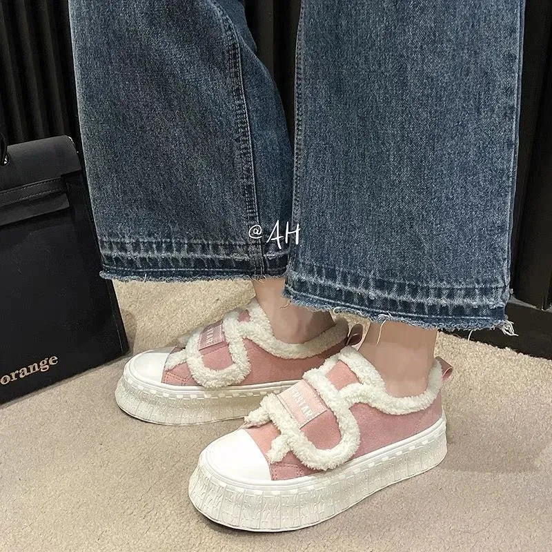 binfenxie  -  Winter Women Breathable Warm Sneakers White Wool Shoes Thick Heel Plaid Sneakers Casual Running Platform Y2K Lolita Shell Shoes