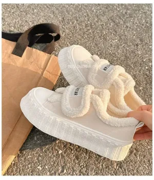 binfenxie  -  Winter Women Breathable Warm Sneakers White Wool Shoes Thick Heel Plaid Sneakers Casual Running Platform Y2K Lolita Shell Shoes