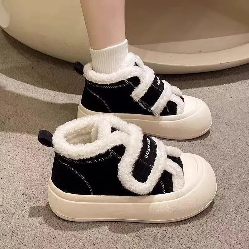 binfenxie  -  Winter Women Breathable Warm Sneakers White Wool Shoes Thick Heel Plaid Sneakers Casual Running Platform Y2K Lolita Shell Shoes