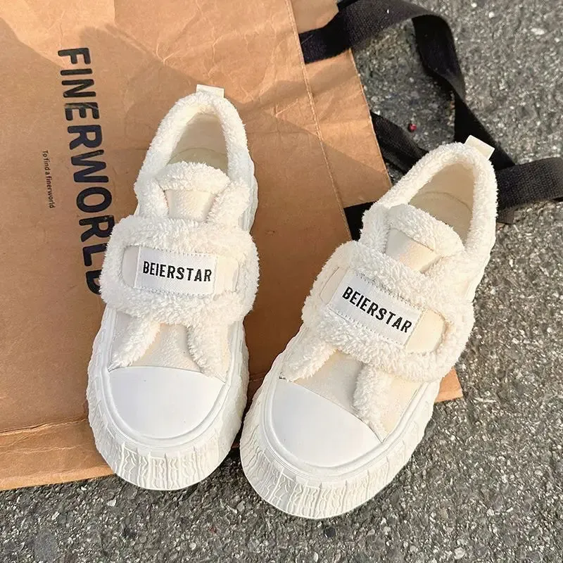 binfenxie  -  Winter Women Breathable Warm Sneakers White Wool Shoes Thick Heel Plaid Sneakers Casual Running Platform Y2K Lolita Shell Shoes