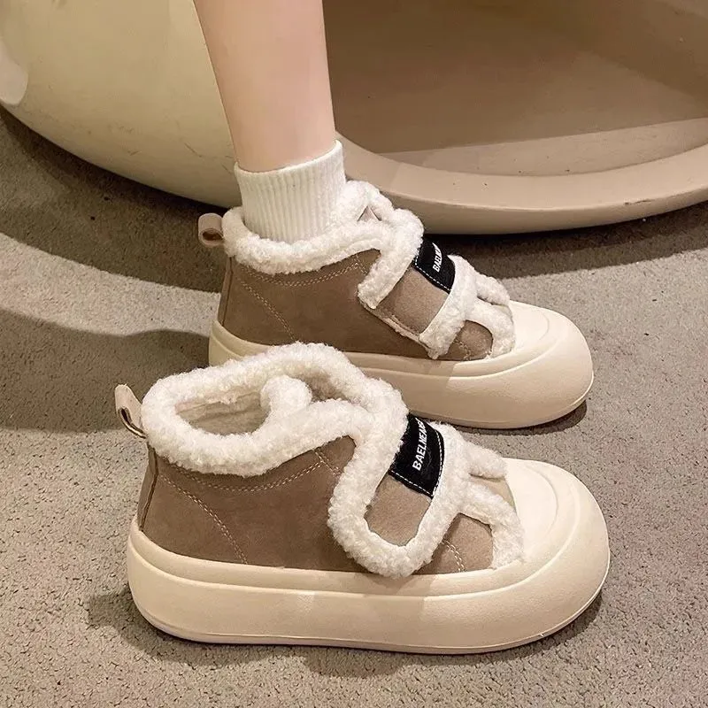 binfenxie  -  Winter Women Breathable Warm Sneakers White Wool Shoes Thick Heel Plaid Sneakers Casual Running Platform Y2K Lolita Shell Shoes