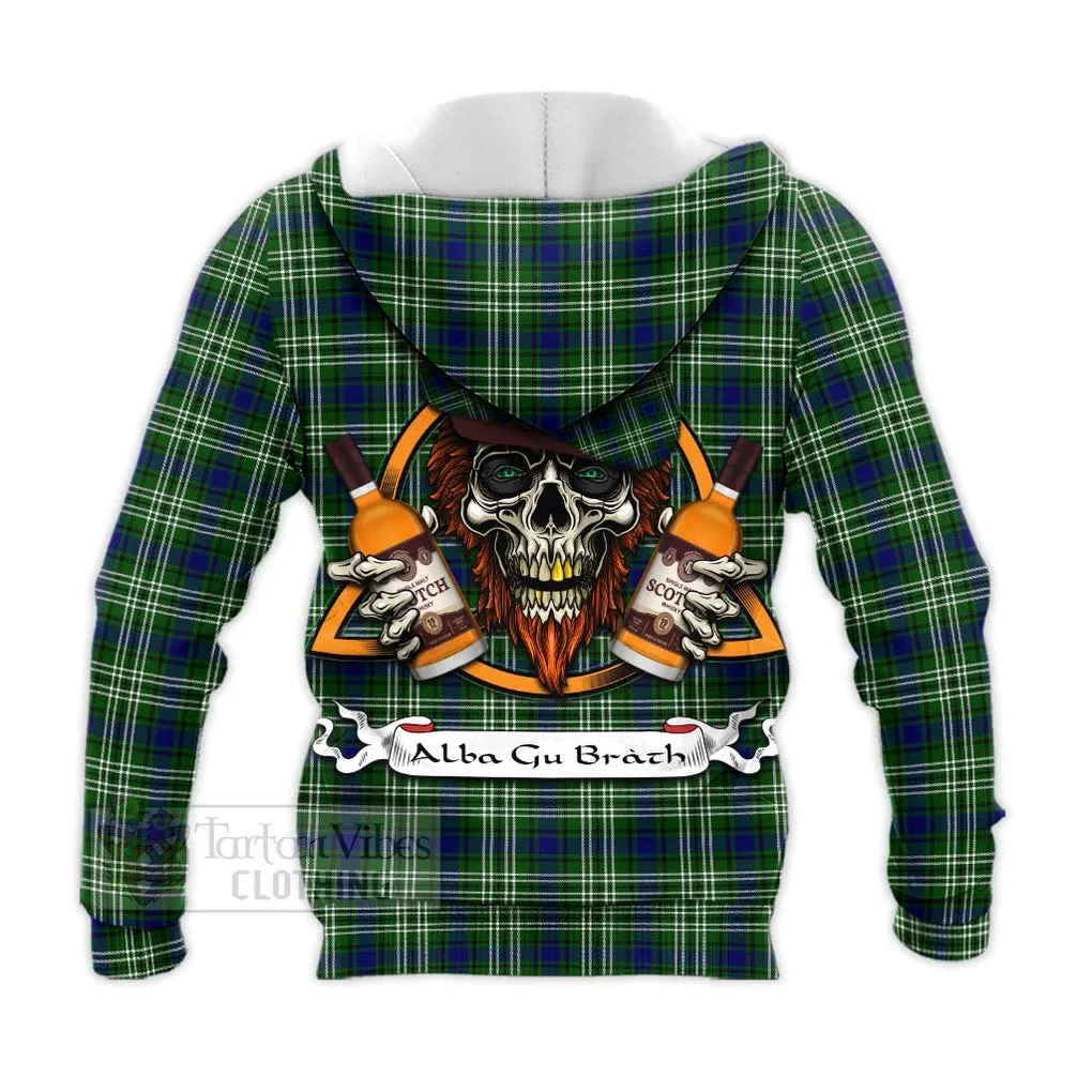 Blackadder Tartan Knitted Hoodie with Family Crest and Bearded Skull Holding Bottles of Whiskey