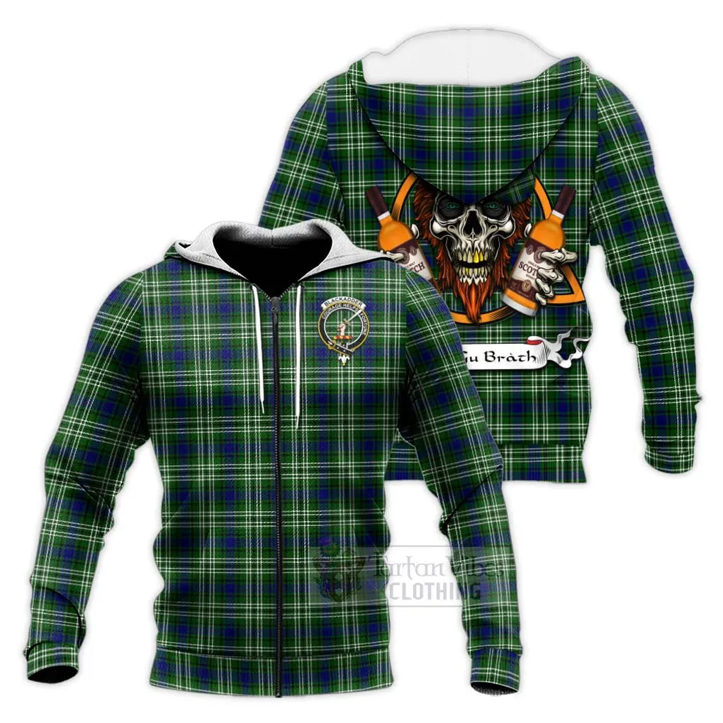 Blackadder Tartan Knitted Hoodie with Family Crest and Bearded Skull Holding Bottles of Whiskey