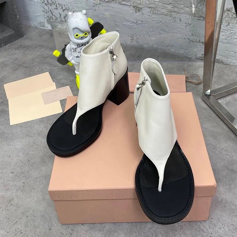 Block Heel Summer Boots Toe Post Thong Sandals Side Zipper Bootie in Black/White/Pink