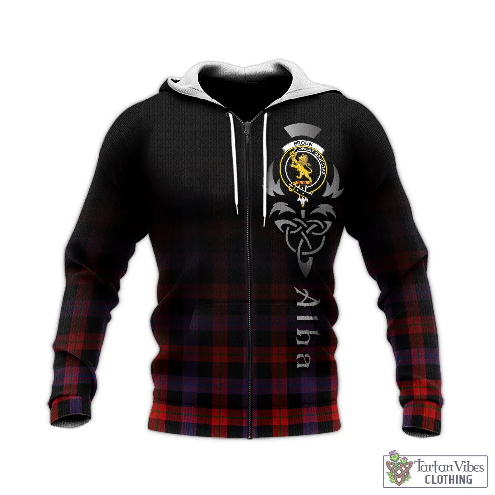 Broun Modern Tartan Knitted Hoodie Featuring Alba Gu Brath Family Crest Celtic Inspired