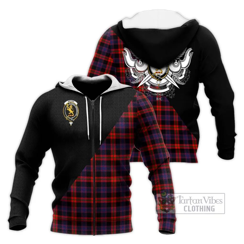 Brown (Broun) Tartan Knitted Hoodie with Family Crest and Military Logo Style