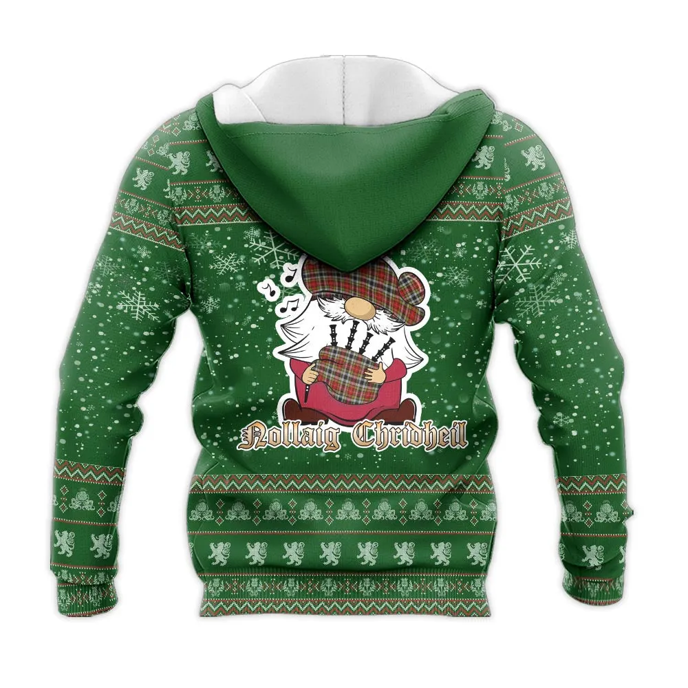 Buchanan Old Dress Clan Christmas Knitted Hoodie with Funny Gnome Playing Bagpipes