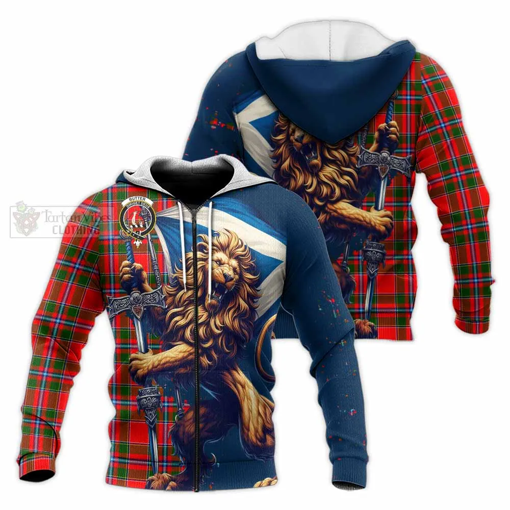 Butter Tartan Family Crest Knitted Hoodie with Scottish Majestic Lion