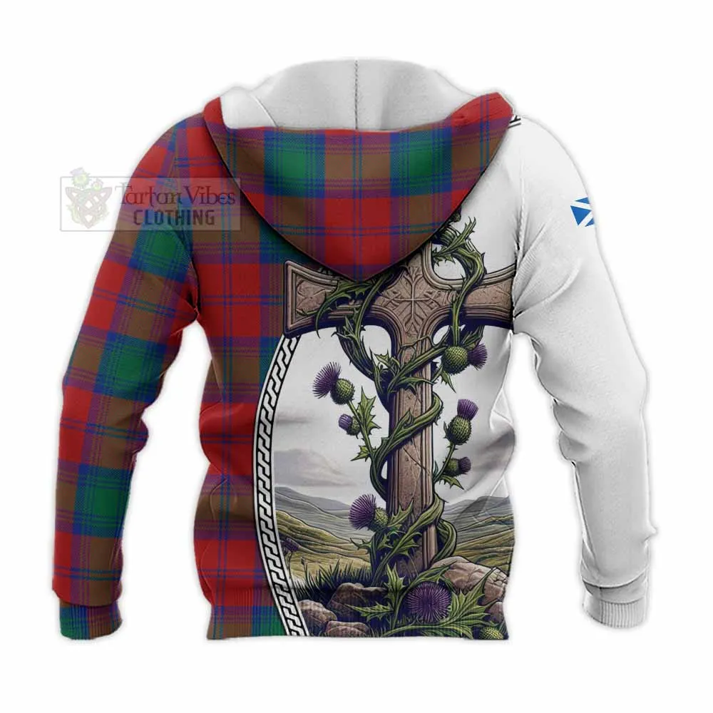 Byres (Byses) Tartan Knitted Hoodie with Family Crest and St. Andrew's Cross Accented by Thistle Vines