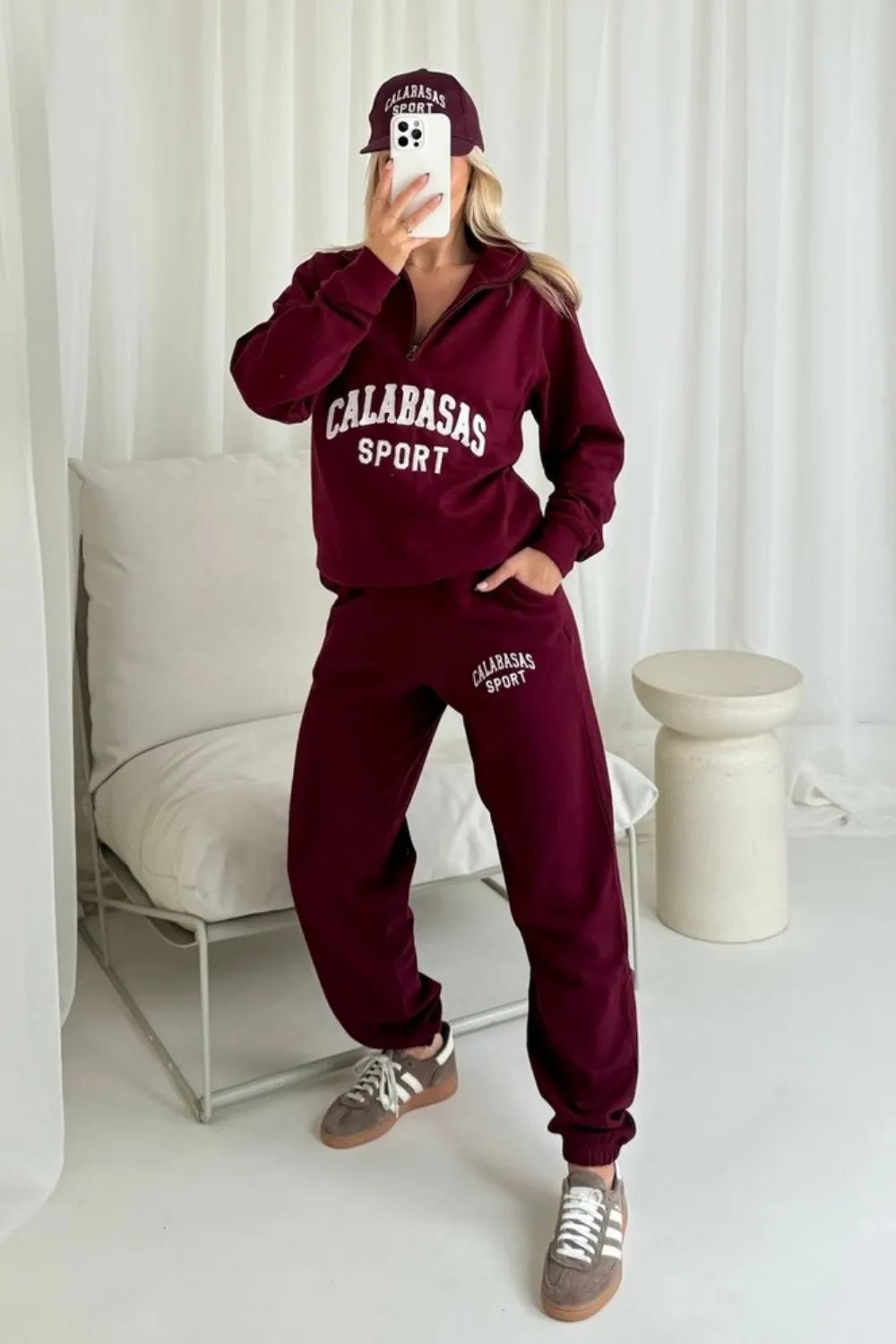 Calabasas burgundy and white embroidered 3/4 sweater joggers loungewear