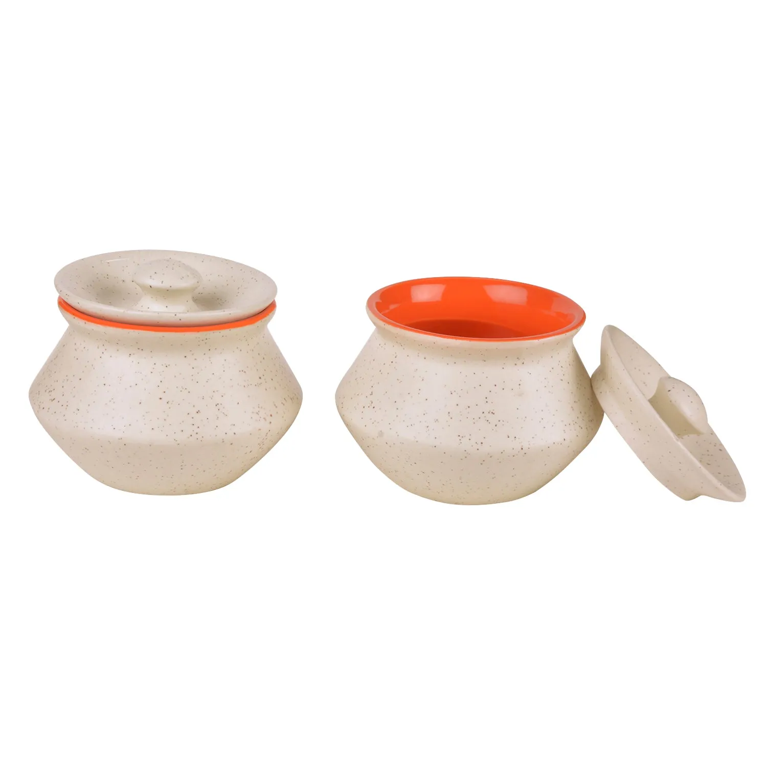 Ceramic Matt Finish Handi with Lid (Set of 2, 300 ml, White and Orange)