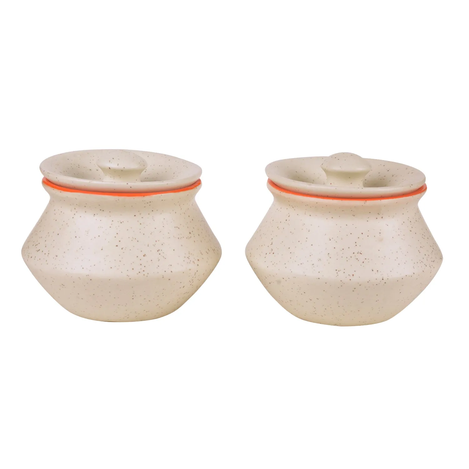 Ceramic Matt Finish Handi with Lid (Set of 2, 300 ml, White and Orange)