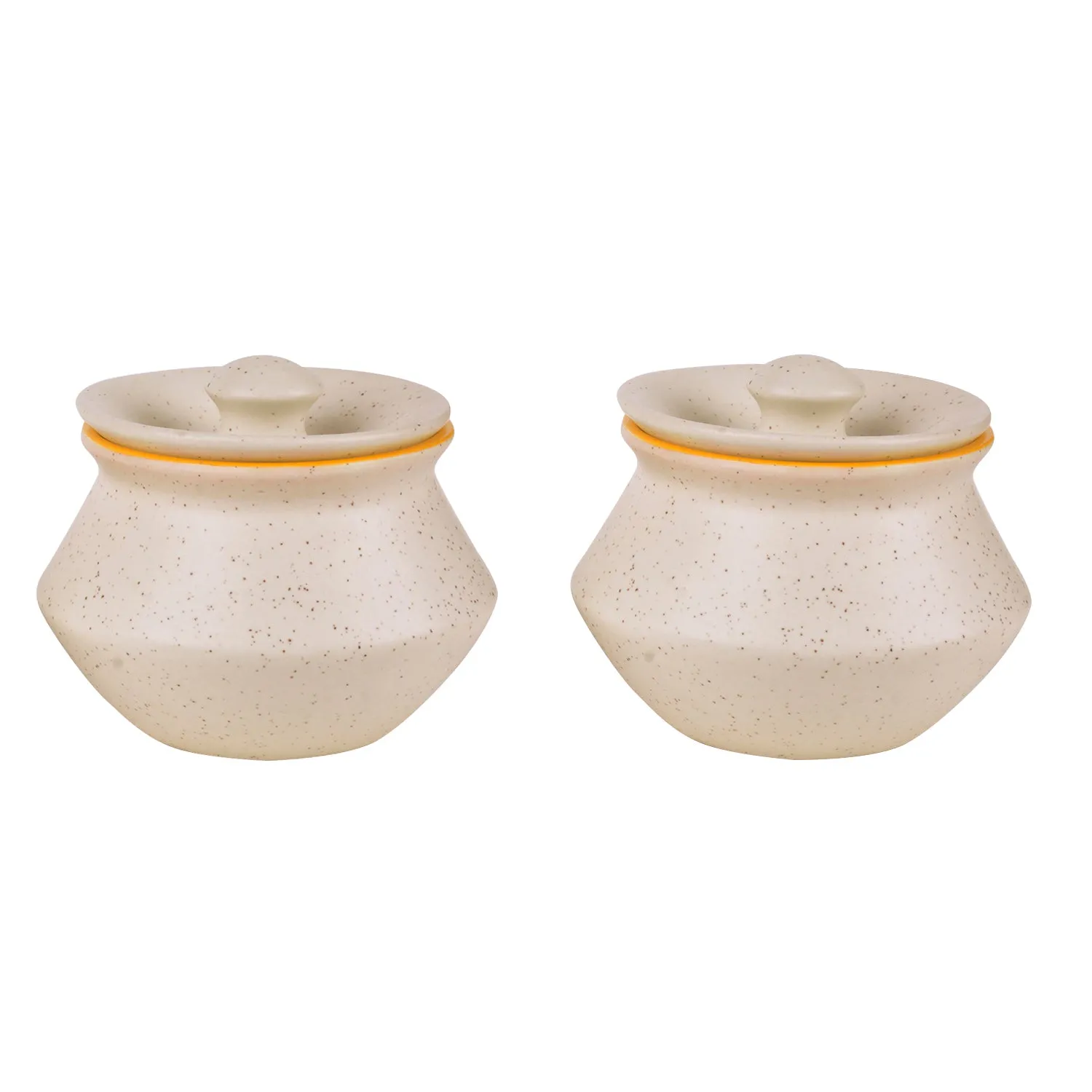 Ceramic White Matt Finish Handi with Lid (Set of 2, 300 ml, White and Yellow)