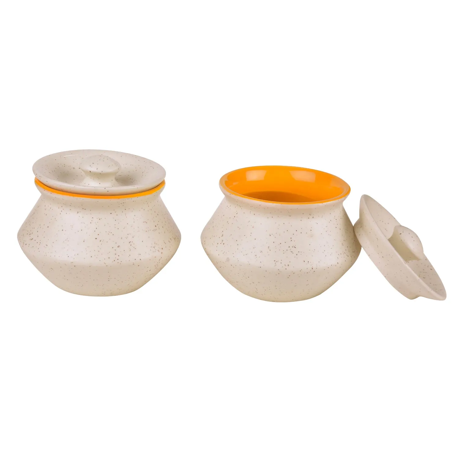 Ceramic White Matt Finish Handi with Lid (Set of 2, 300 ml, White and Yellow)
