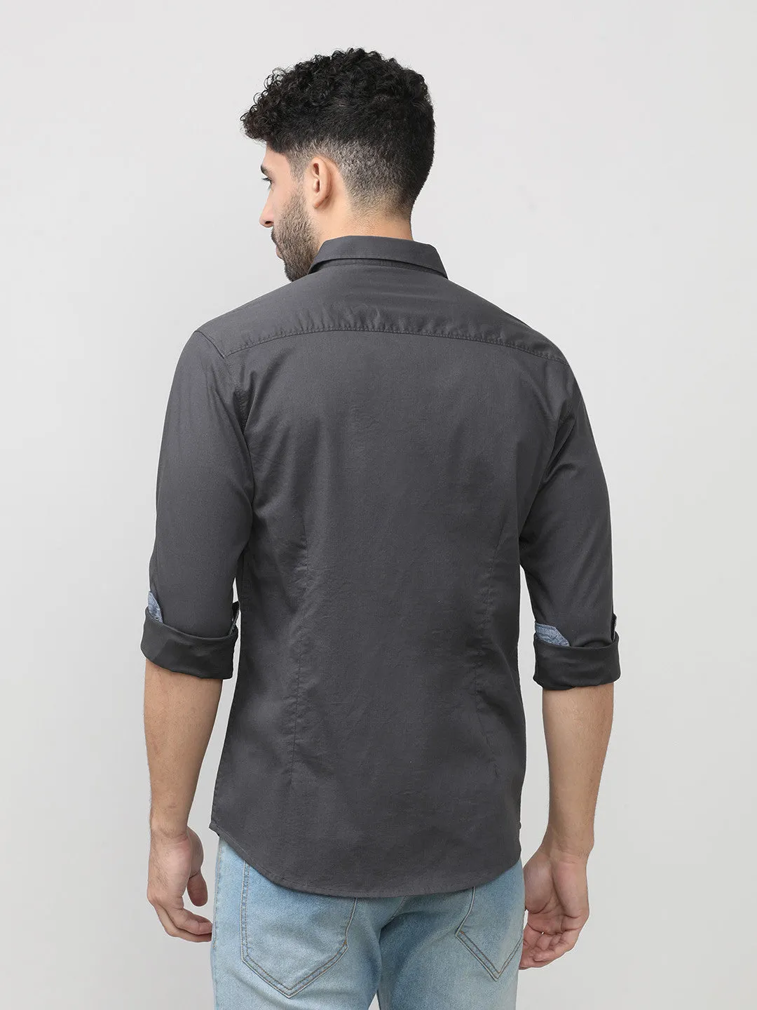 Charcoal Dobby Lycra Plain Shirt With Pocket