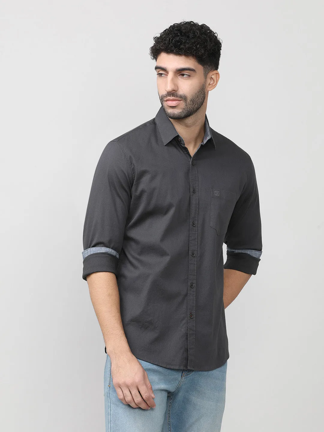 Charcoal Dobby Lycra Plain Shirt With Pocket