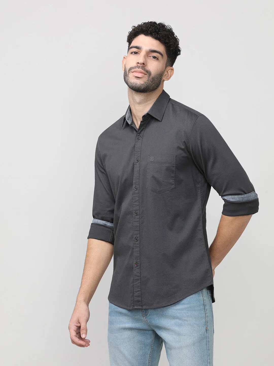Charcoal Dobby Lycra Plain Shirt With Pocket