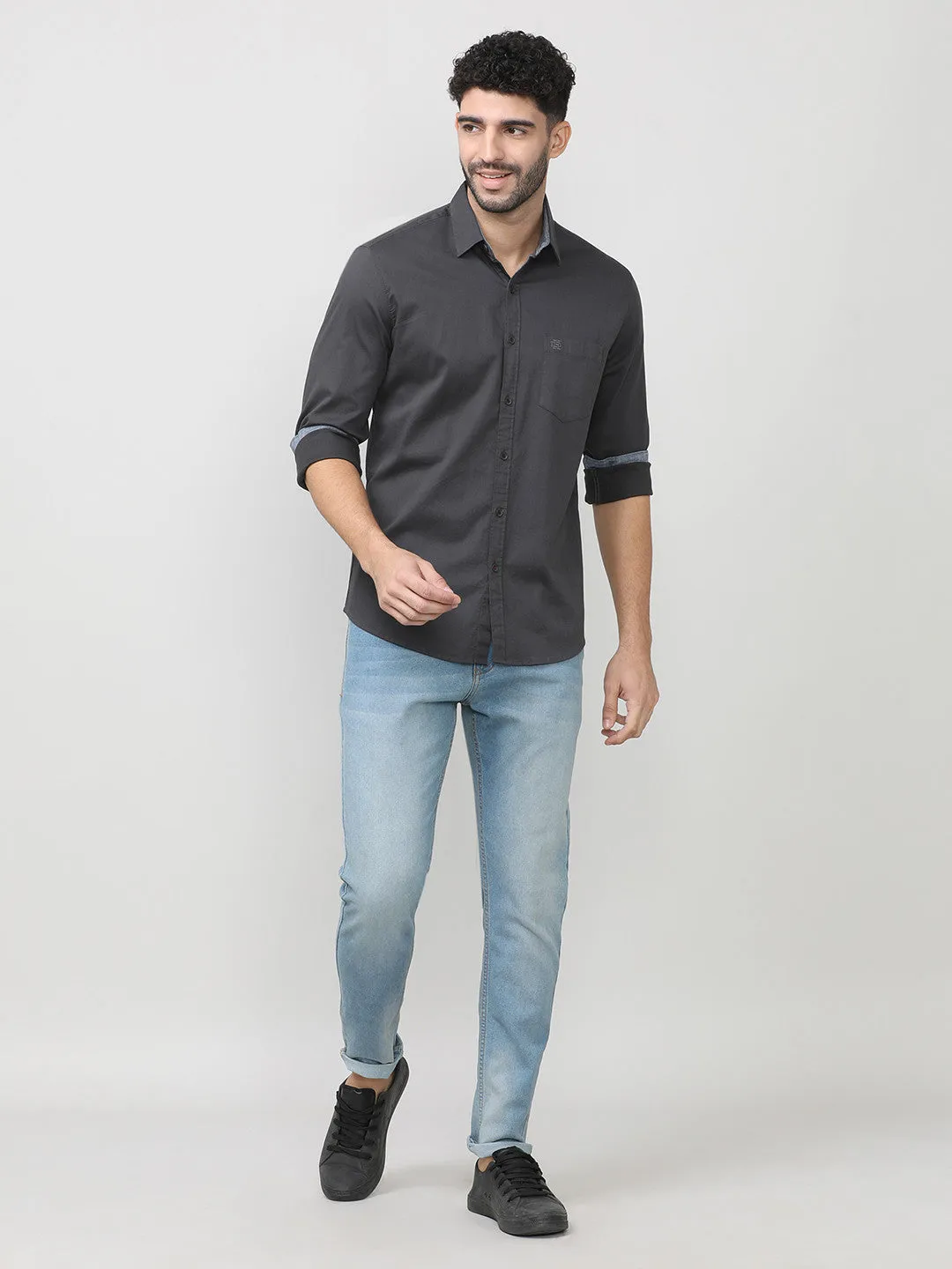 Charcoal Dobby Lycra Plain Shirt With Pocket