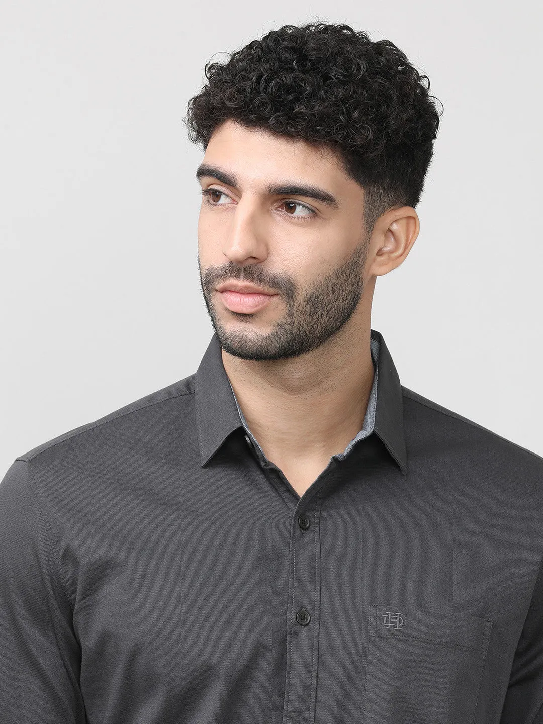 Charcoal Dobby Lycra Plain Shirt With Pocket
