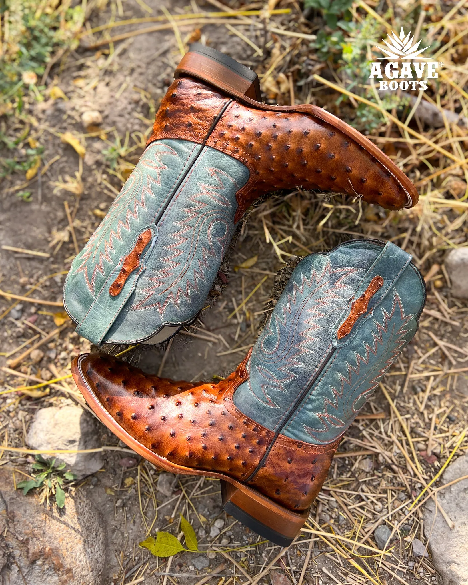 COGNAC OSTRICH | MEN SQUARE TOE WESTERN COWBOY BOOTS