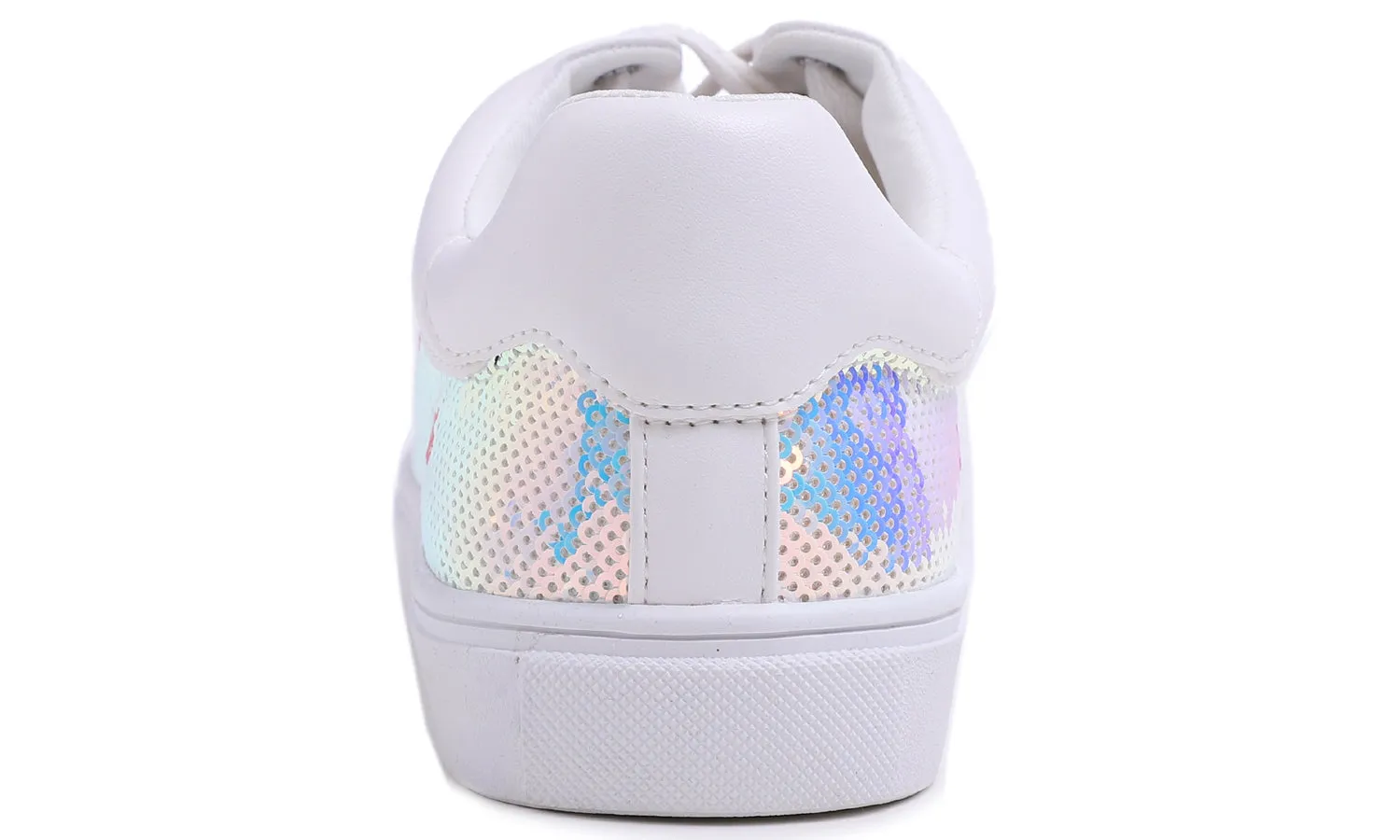 Feversole Women's Fashion Dress Sneakers Party Bling Casual Flats Embellished Shoes AB White Sequin Lace Up