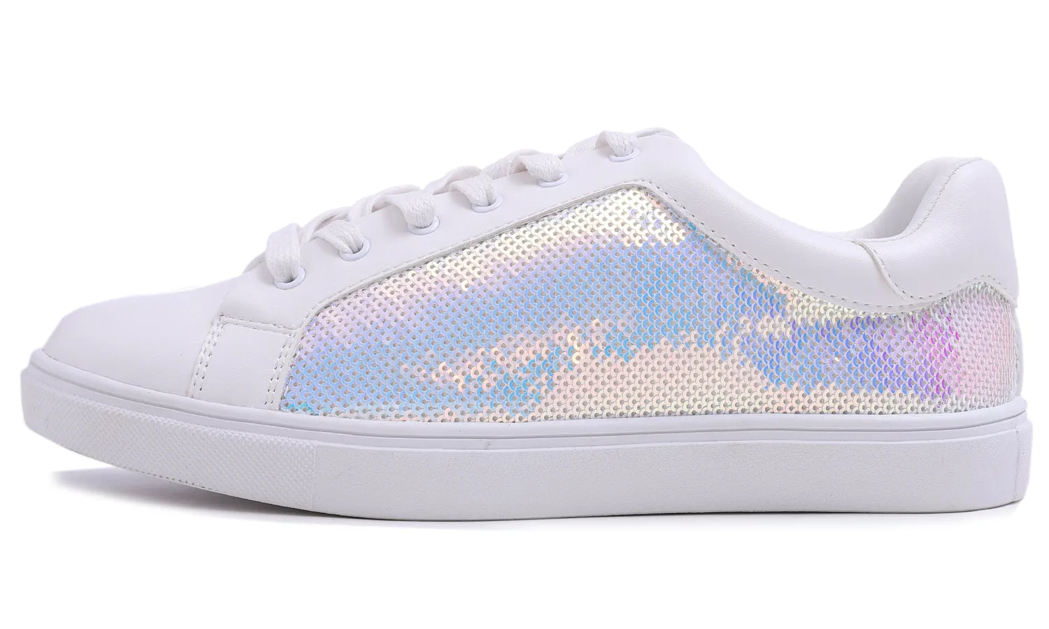 Feversole Women's Fashion Dress Sneakers Party Bling Casual Flats Embellished Shoes AB White Sequin Lace Up