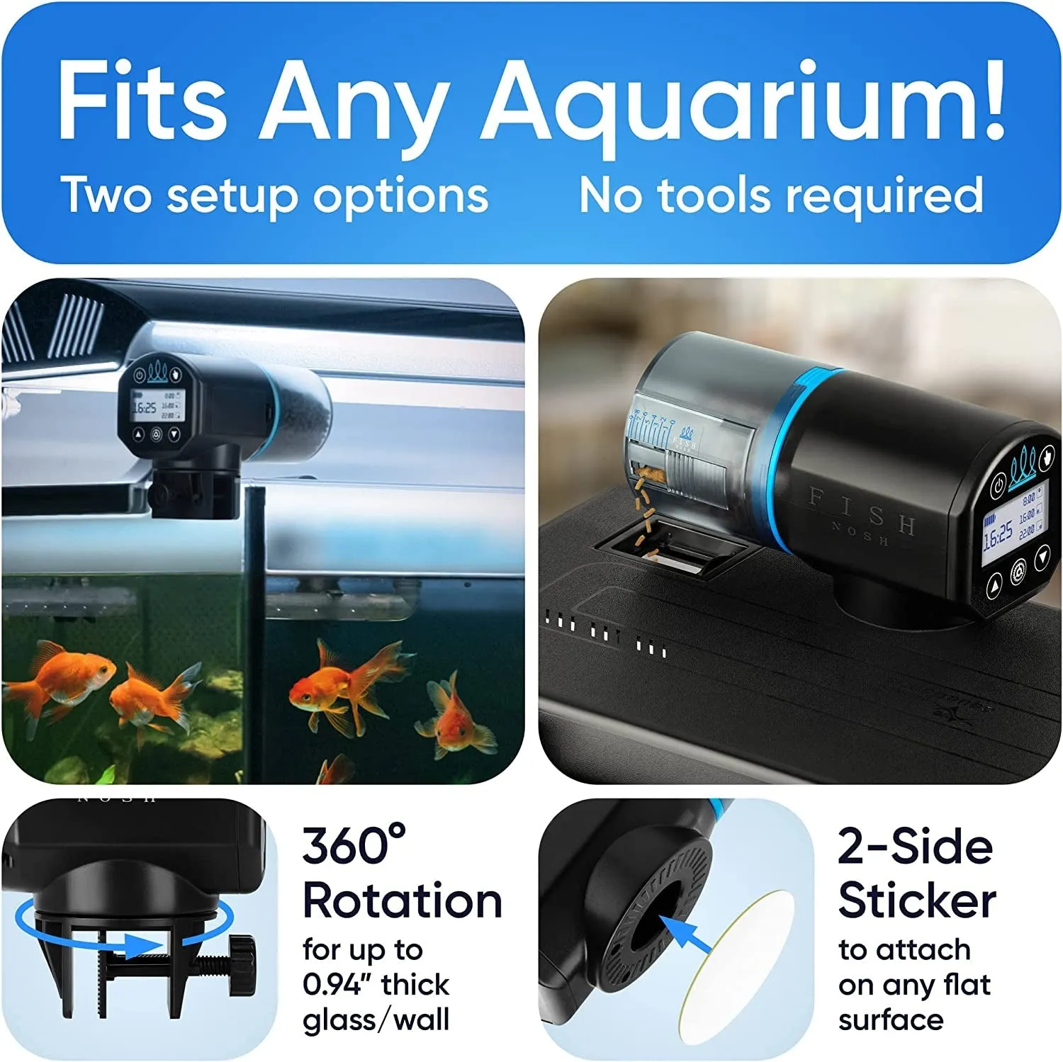 FISHNOSH Automatic Fish Feeder for Aquarium - New Generation 2023, Auto Food Dispenser with Timer for Small Tank, Big Aquariums & Pond - Battery-Operated Feeders for Goldfish, Koi, & More on Weekend