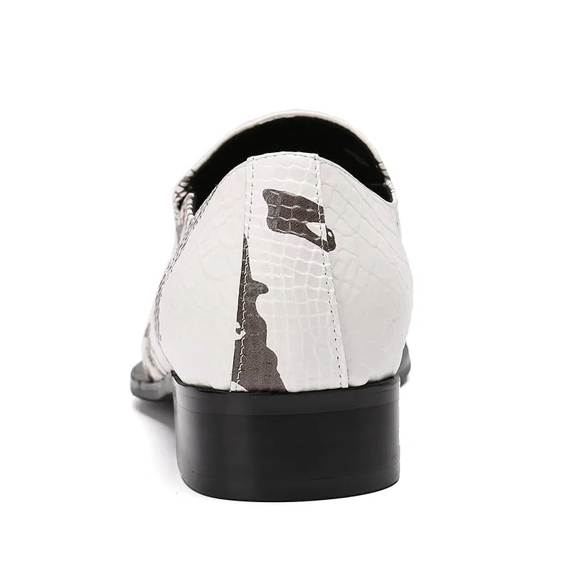 Genuine Leather White Based Scaled Pattern Slip-On Oxford Shoes
