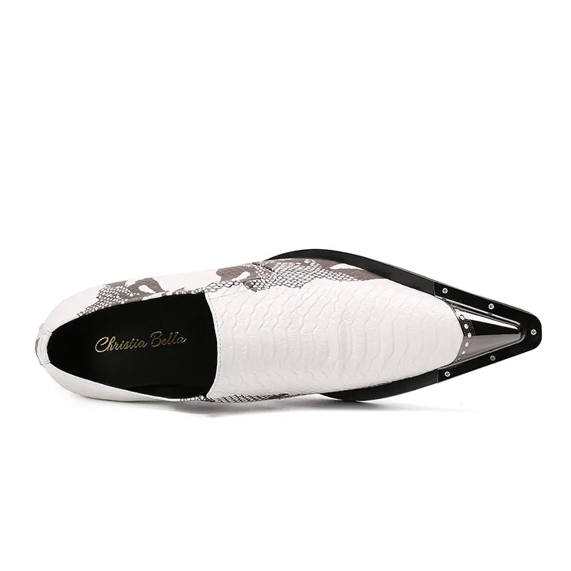 Genuine Leather White Based Scaled Pattern Slip-On Oxford Shoes