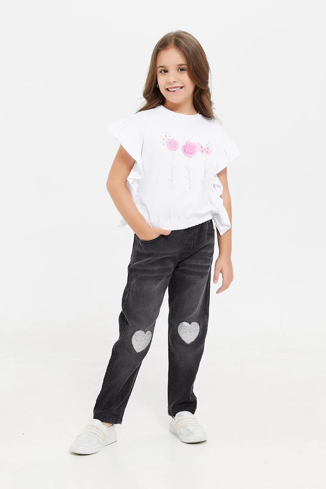 Girls Black Knee Embellished Jeggings