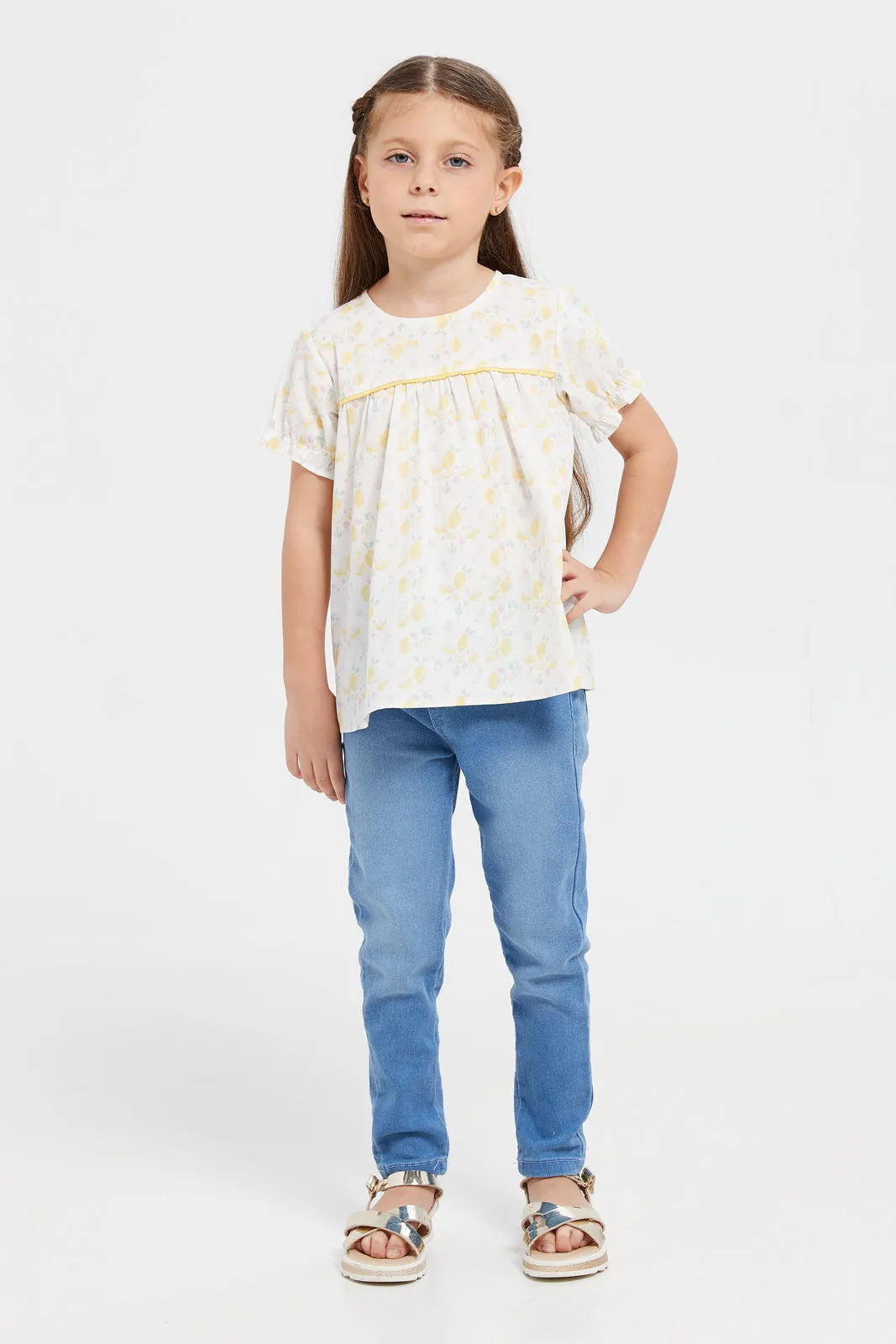 Girls Yellow Printed Frills Blouse