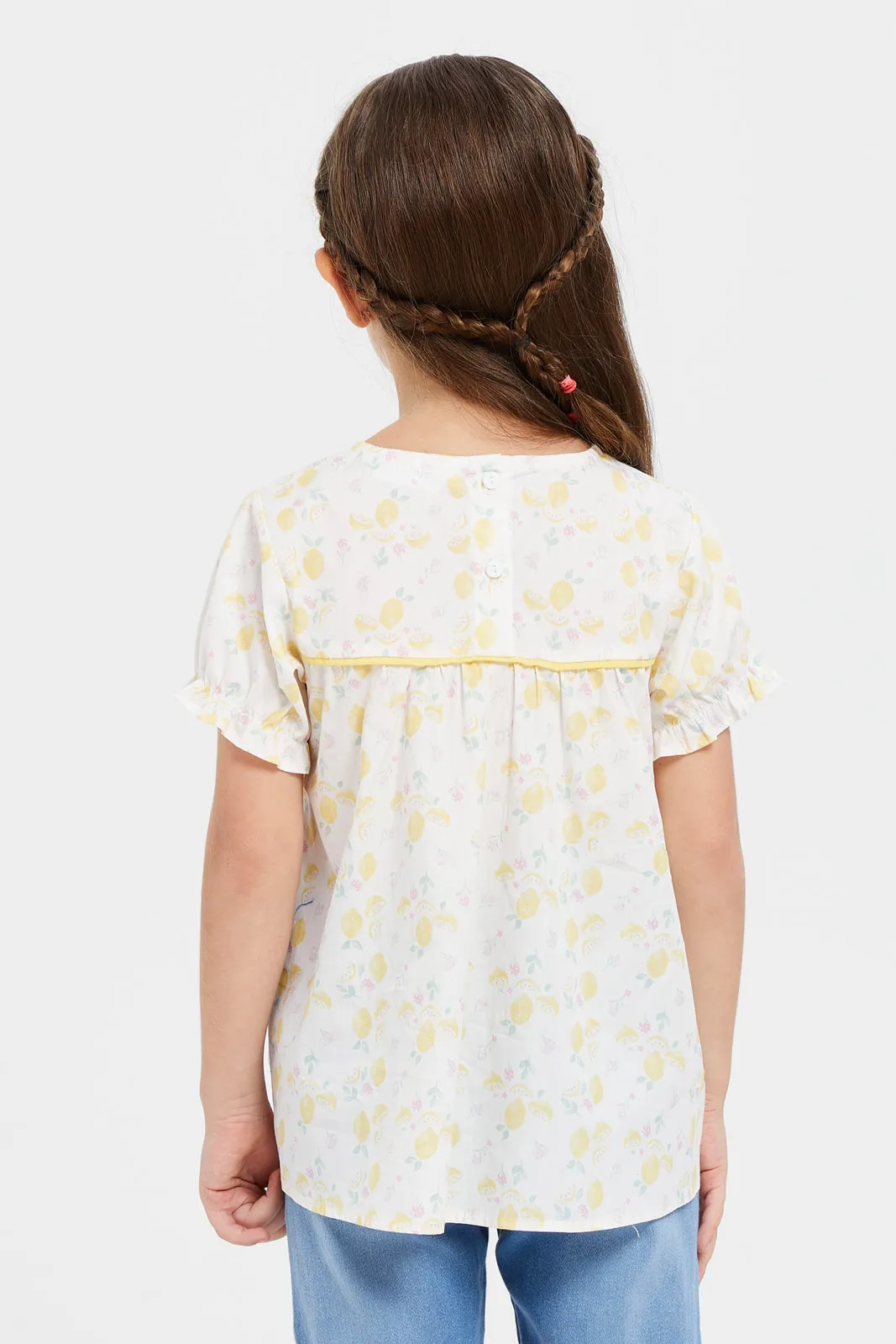 Girls Yellow Printed Frills Blouse