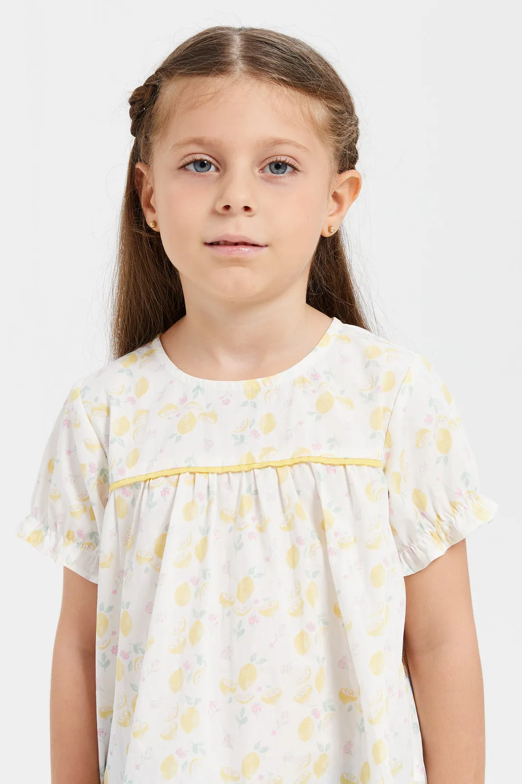 Girls Yellow Printed Frills Blouse