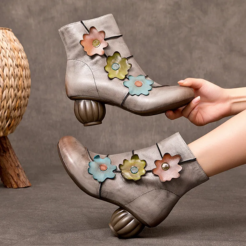 Handmade Vintage Women's Genuine Leather Round Toe Short Boots With Flowers in Grey
