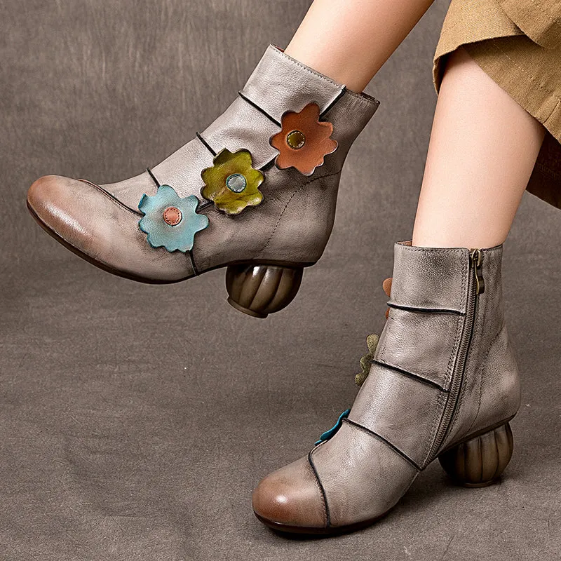 Handmade Vintage Women's Genuine Leather Round Toe Short Boots With Flowers in Grey