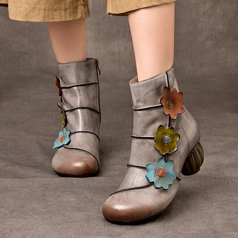 Handmade Vintage Women's Genuine Leather Round Toe Short Boots With Flowers in Grey