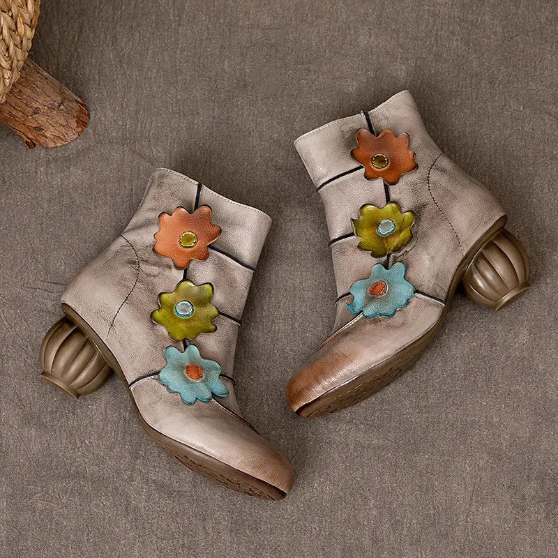 Handmade Vintage Women's Genuine Leather Round Toe Short Boots With Flowers in Grey