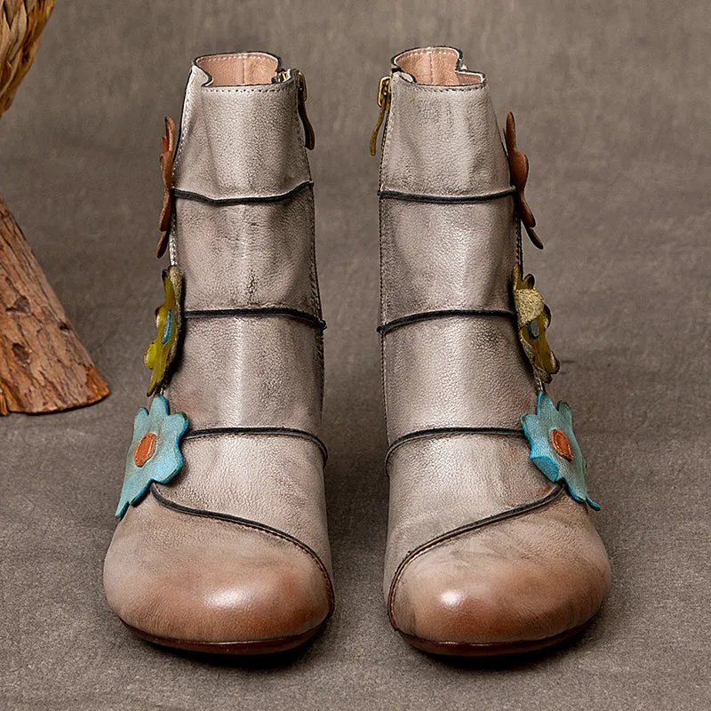 Handmade Vintage Women's Genuine Leather Round Toe Short Boots With Flowers in Grey