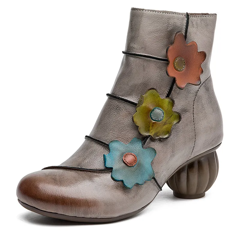 Handmade Vintage Women's Genuine Leather Round Toe Short Boots With Flowers in Grey