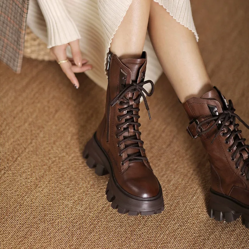 Lace-Up Combat Boots Women Biker Boots Retro Short Boots Handmade Genuine Leather Martin Boots