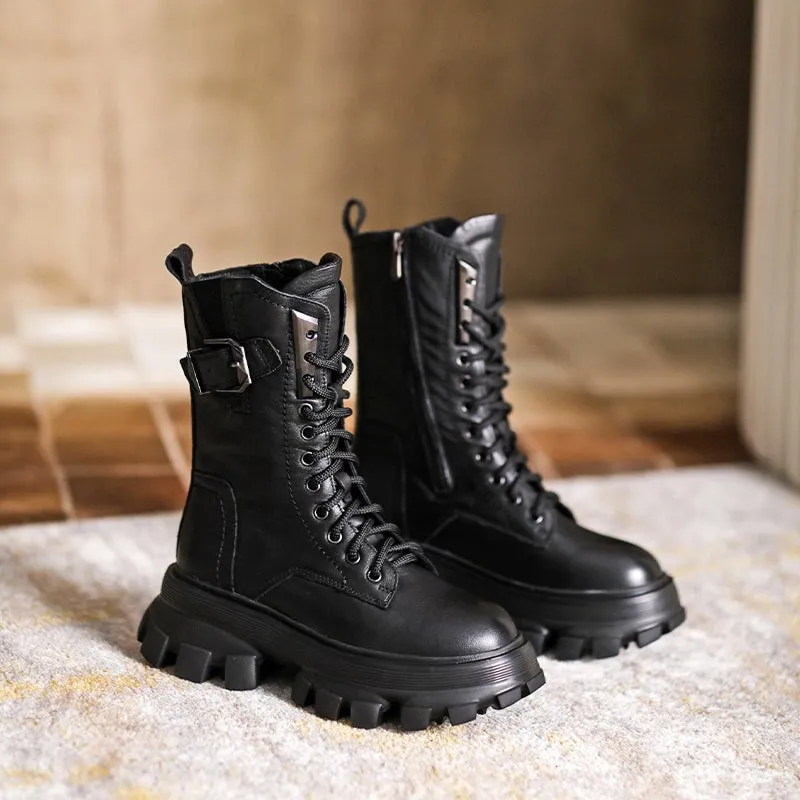 Lace-Up Combat Boots Women Biker Boots Retro Short Boots Handmade Genuine Leather Martin Boots